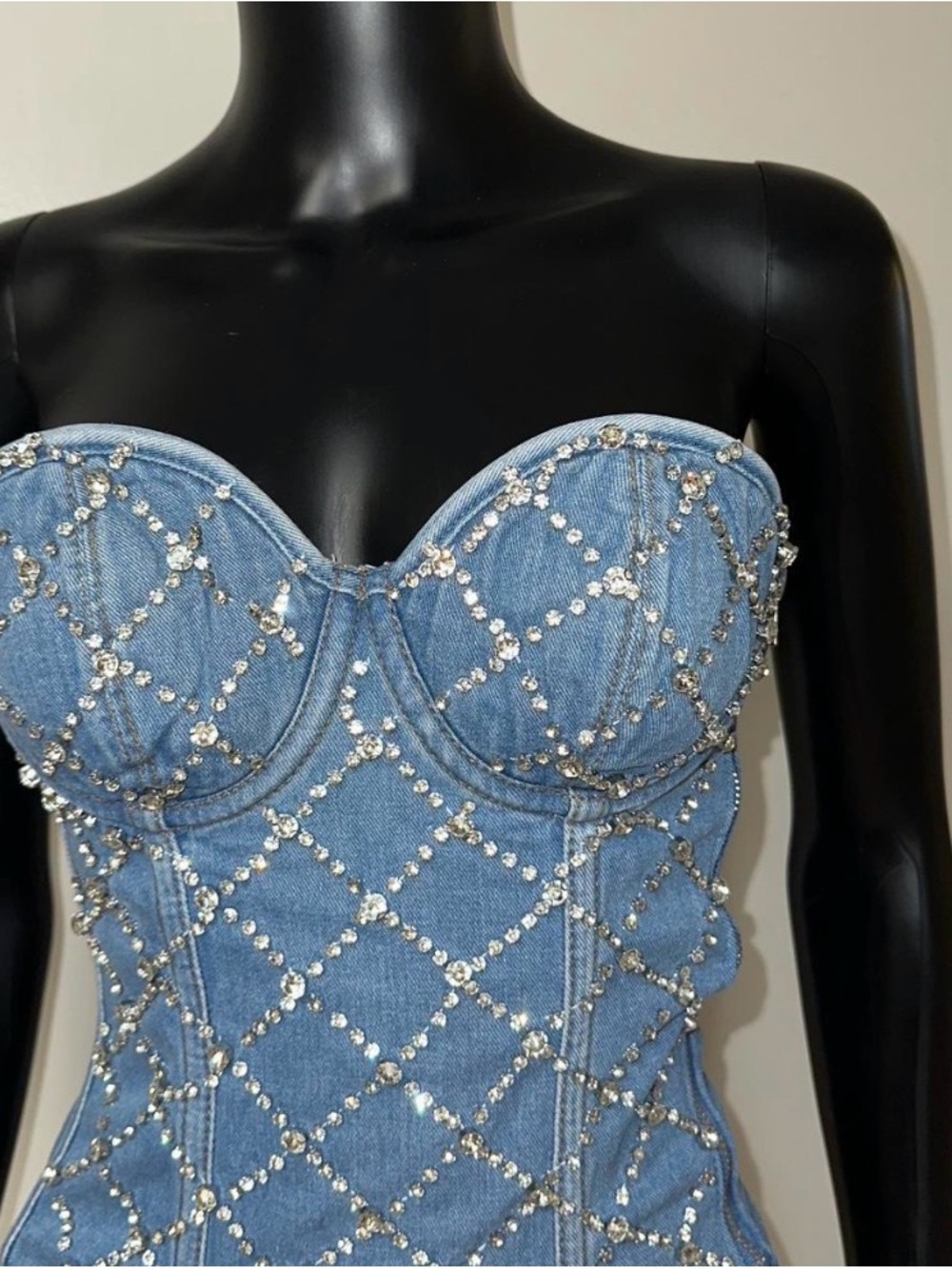 Miss Lola Denim Rhinestone Bustier Dress - Light Blue